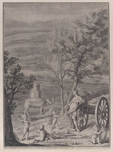 A woman standing against a cannon at right, putti in the foreground, and an elephant with a tower on its back in the background at left, from "Danubius Pannonico-Mysicus" (Volume 3)