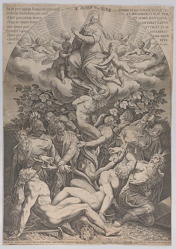Allegory of the Immaculate Conception, with Adam, Eve, kings, priest, soldier and Moses tied at the bottom of a fig tree, and the Virgin sitting on cloud overhead, surrounded by angels