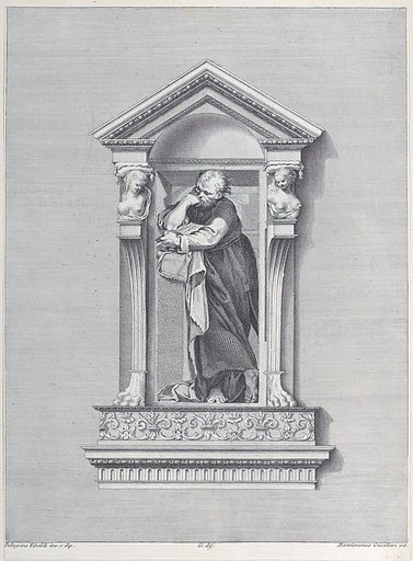 A standing man in a niche with his elbow resting on a column