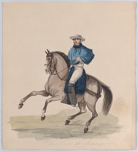 An elegantly dressed man on horseback, from a group of drawings depicting Peruvian dress