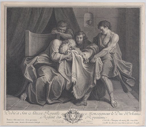 An old man crying into a tunic while his sons pull it away from him
