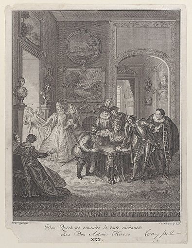 Plate 30: Don Quixote consults the enchanted head at Don Antonio Moreno's house (Don Quichotte consulte la teste enchantée chez Don Antonio Mereno)