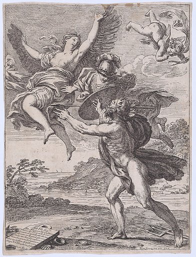 Neptune pursuing Coronis; Minerva interposes herself and turns Coronis into a crow