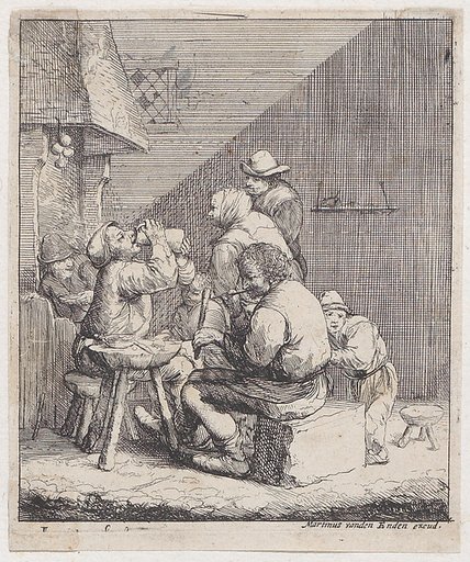 Seven peasants in a rustic interior with a man lighting a pipe