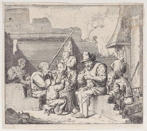 Ten peasants in a ruined house with a seated man at center reading a paper