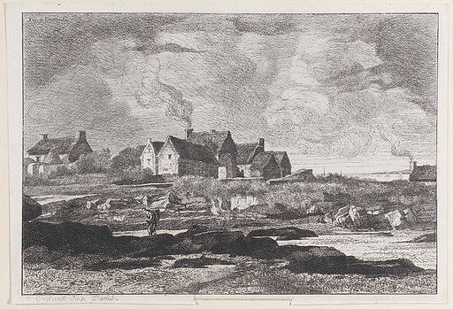 Country landscape with a river running at right and houses in the background