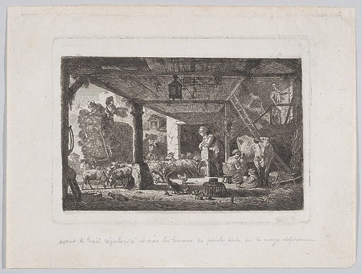 Interior of a barn with an unloading haywagon