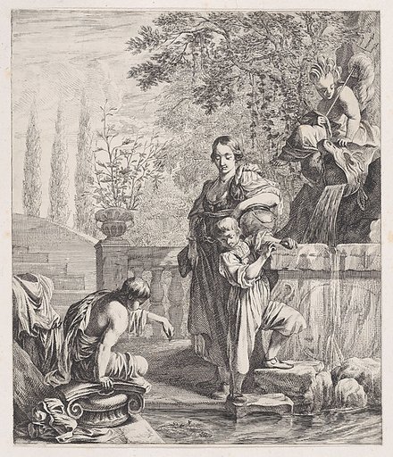 Standing Woman with a Child near a Fountain