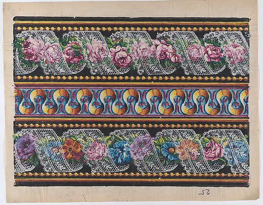Sheet with a border with floral garlands and lace on a black background