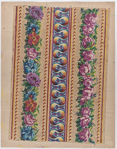 Sheet with a border with pink and multicolor floral garlands
