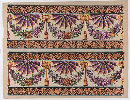 Sheet with two borders with three fans and floral garlands