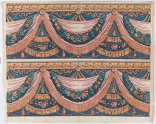 Sheet with two borders with draped curtains and floral garlands