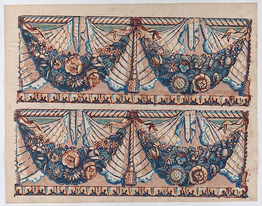 Sheet with a two borders with hanging drapery and two blue floral garlands