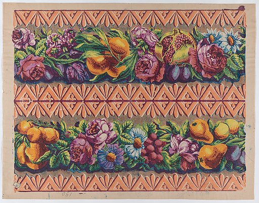 Sheet with a border with two garlands of fruit, leaves, and flowers