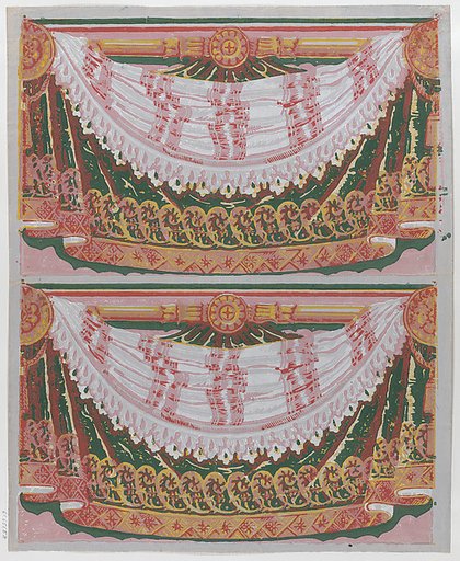 Sheet with two borders with a curved drapery against a curtain