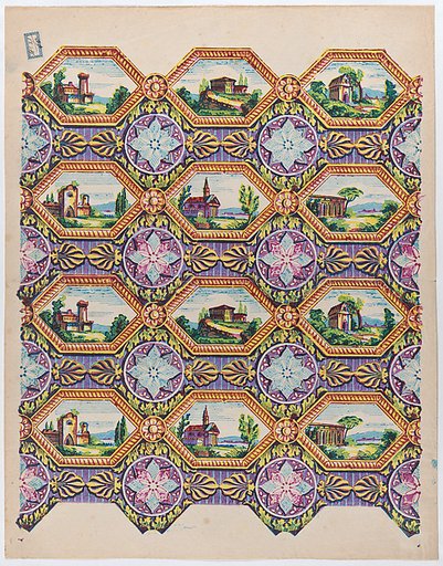 Sheet with pattern of brightly colored landscapes in hexagonal frames