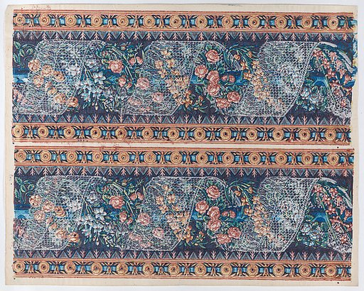 Sheet with two borders with lace atop a floral garland against a navy background