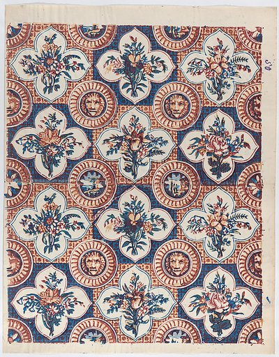 Sheet with pattern of bouquets and lion heads