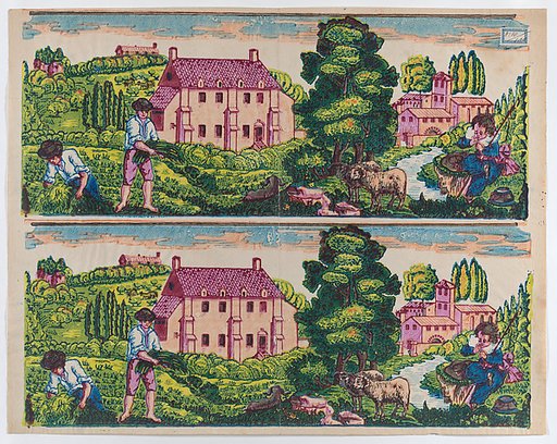 Sheet with two borders with pastoral landscapes