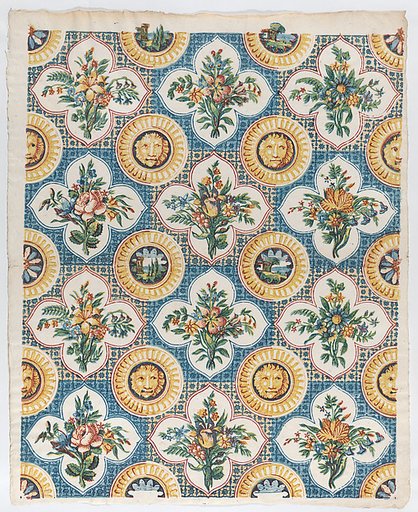 Sheet with pattern of bouquets and lion heads