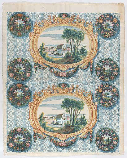Sheet with two borders with landscapes within frames and wreaths