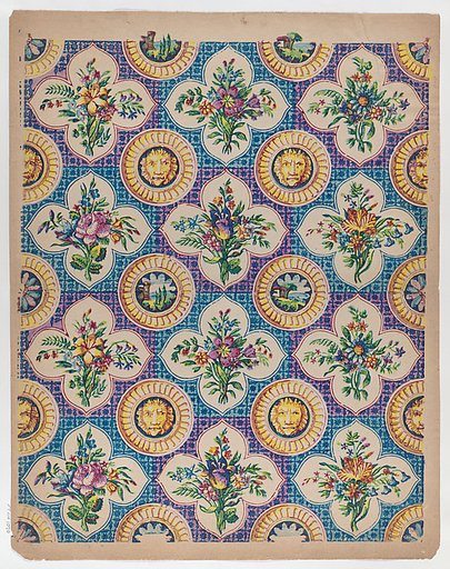 Sheet with pattern of bouquets and lion heads