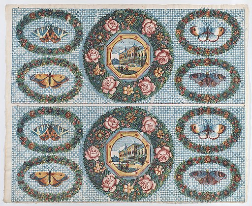 Sheet with two borders with landscapes and moths within wreaths