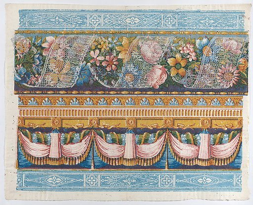 Sheet with lace atop a floral garland with drapery below