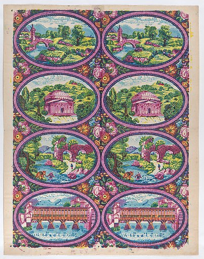 Sheet with two borders with Italian landscapes