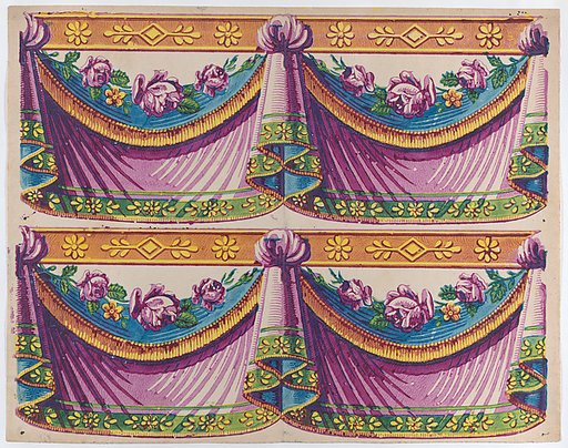 Sheet with two borders with purple drapery and floral designs