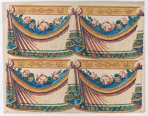 Sheet with two borders with drapery and floral designs