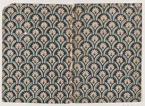 Decorative Paper with an Overall Scallop and Palmette Pattern in Black and Blue