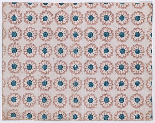 Sheet with overall pattern of pink flowers with blue centers