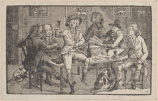 Men seated around a punch bowl, with a hunter offering a toast