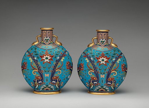 Round, flat bodied bottle (one of a pair)