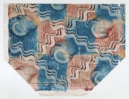 Blue and pink paste paper with circle and wavy line pattern