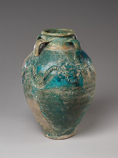 Four handled storage jar with rope-pattern design
