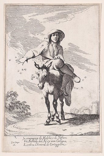 Plate 1: Bertoldo riding a donkey, from "Bertoldo, Bertoldino, and Cacasenno"