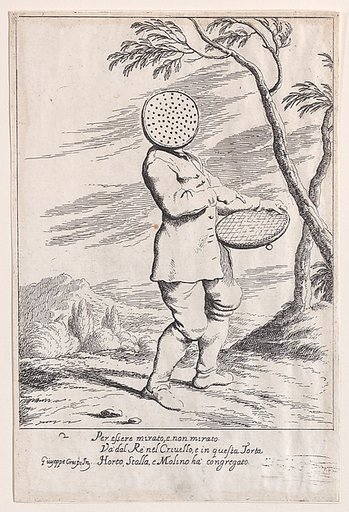 Plate 2: Bertoldo holding a tart in his hand and wearing a sieve on his head, from "Bertoldo, Bertoldino, and Cacasenno"