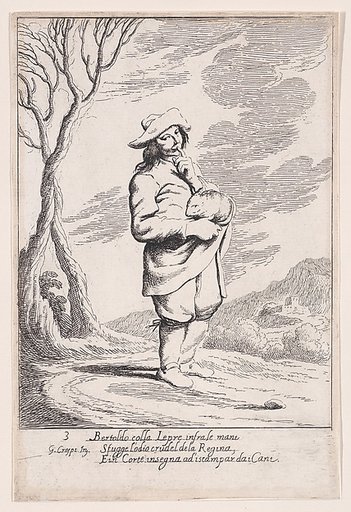 Plate 3: Bertoldo holding a hare in his hand, from "Bertoldo, Bertoldino, and Cacasenno"