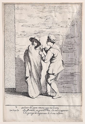 Plate 4: Bertoldo stuffed in a sack, from "Bertoldo, Bertoldino, and Cacasenno"