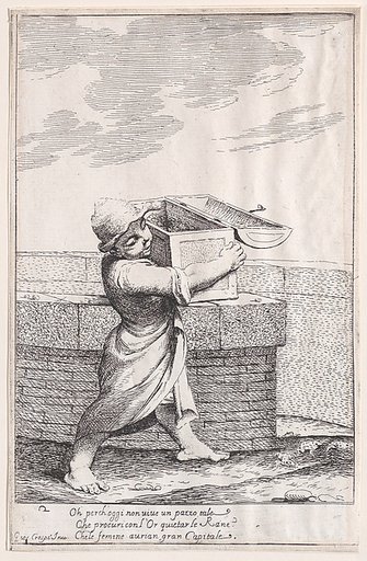 Plate 8: Bertoldino, enraged by the croaking frogs, throws his strongbox into the fish pond, from "Bertoldo, Bertoldino, and Cacasenno"