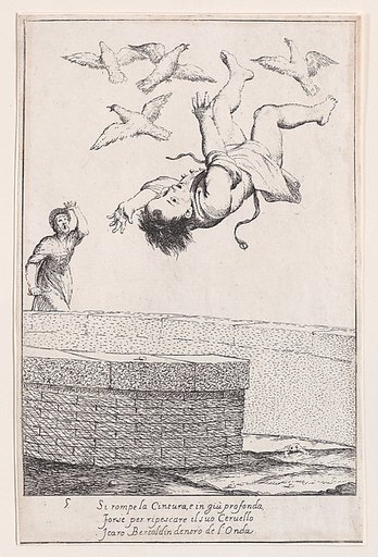 Plate 11: Bertoldino falling into the fish pond, from "Bertoldo, Bertoldino, and Cacasenno"
