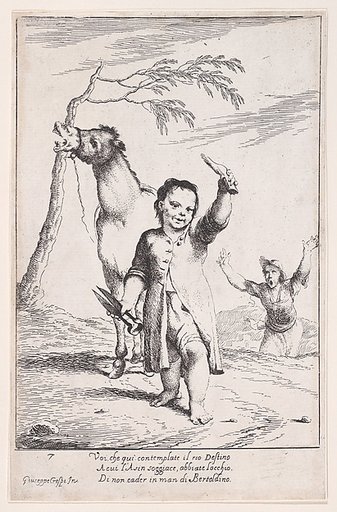 Plate 14: Bertoldino cutting off the ears of a gardener's donkey, from "Bertoldo, Bertoldino, and Cacasenno"