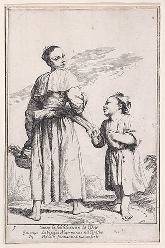 Plate 15: Menghina leaving the garden with a basket filled with herbs and encountering Cacasenno, from "Bertoldo, Bertoldino, and Cacasenno"