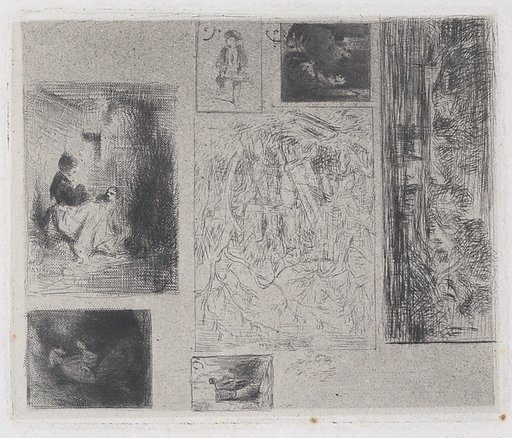 Composite plate: Woman and Children (a), Old Musician (b), Frying Merchant (c),  Landscape (d), Landscape (e), Praying Monk (f), and Scavenger (g)