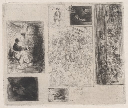 Composite plate: Woman and Children (a), Old Musician (b), Frying Merchant (c),  Landscape (d), Landscape (e), Praying Monk (f), and Scavenger (g)