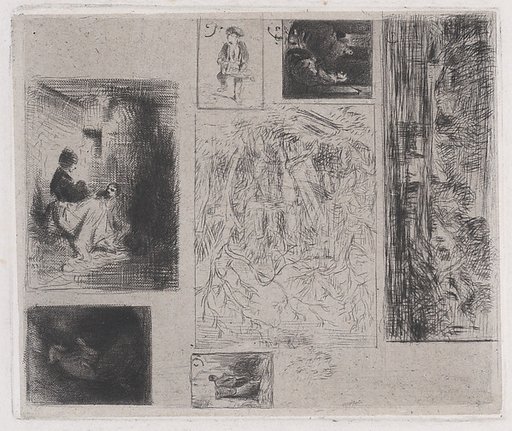 Composite plate: Woman and Children (a), Old Musician (b), Frying Merchant (c),  Landscape (d), Landscape (e), Praying Monk (f), and Scavenger (g)