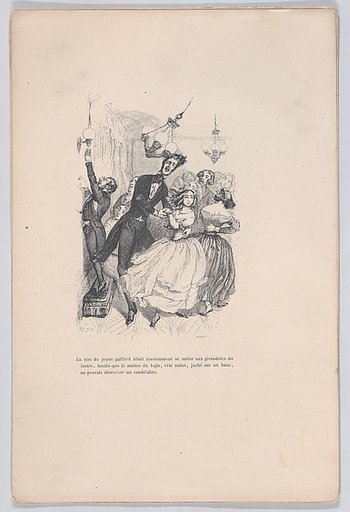 The head of the young fellow insolently mingled with the candlesticks of the chandelier, from "Little Miseries of Human Life"