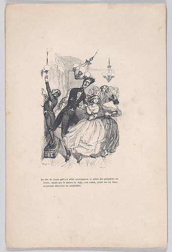 The head of the young fellow insolently mingled with the candlesticks of the chandelier, from "Little Miseries of Human Life"